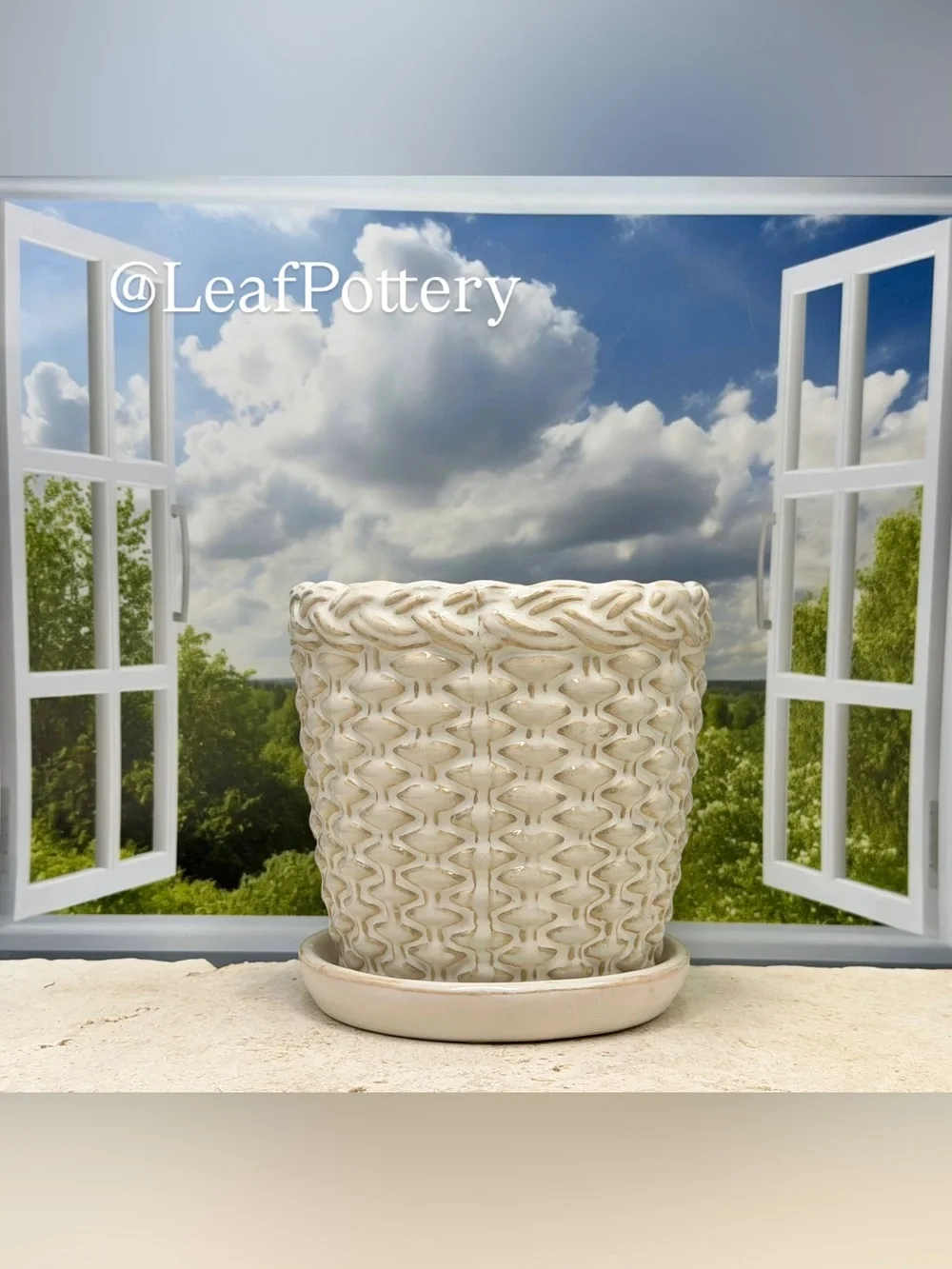 Ceramic Woven Basket Planter with Attached Saucer & Drainage Hole